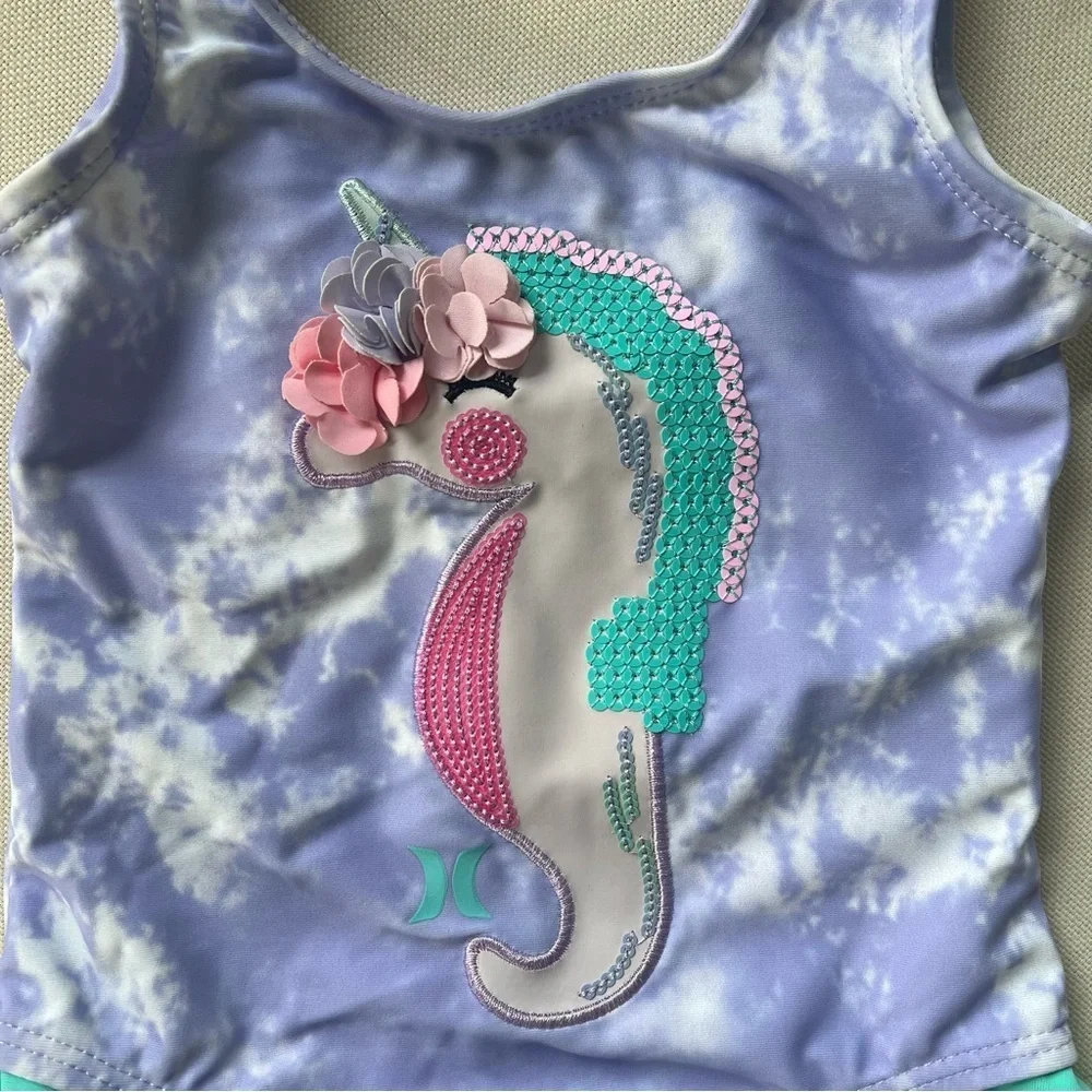 NWT Hurley Lavender Tie-Dye Infant Swimsuit w/ Sequin Seahorse Unicorn 12 Months